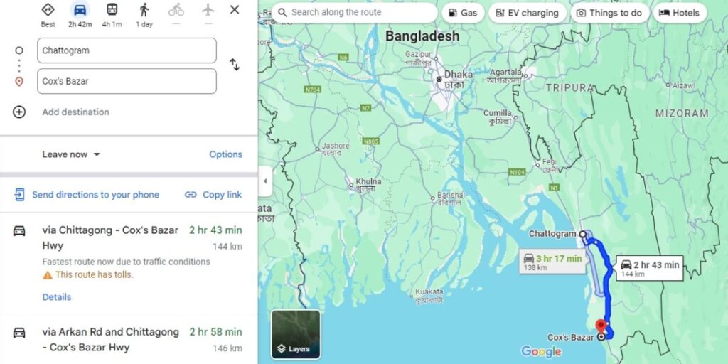 chittagong to cox's bazaar distance